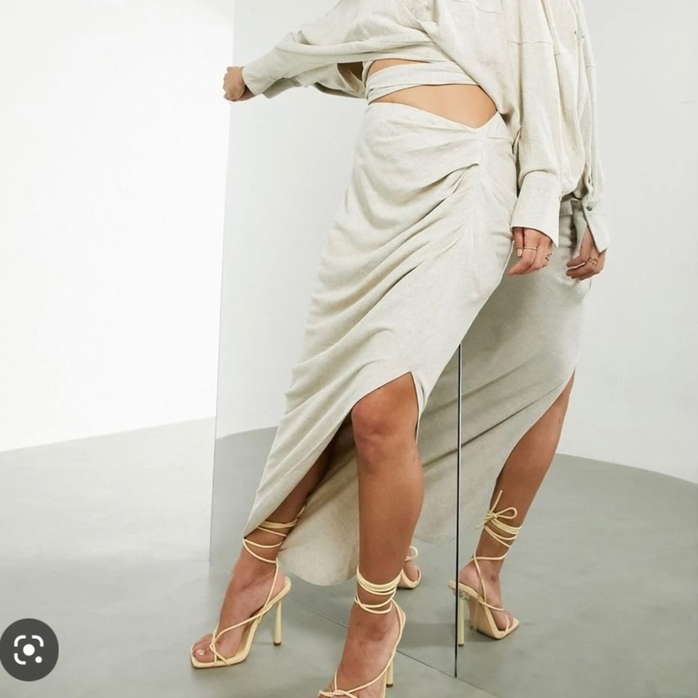 drape linen wrap front skirt beige